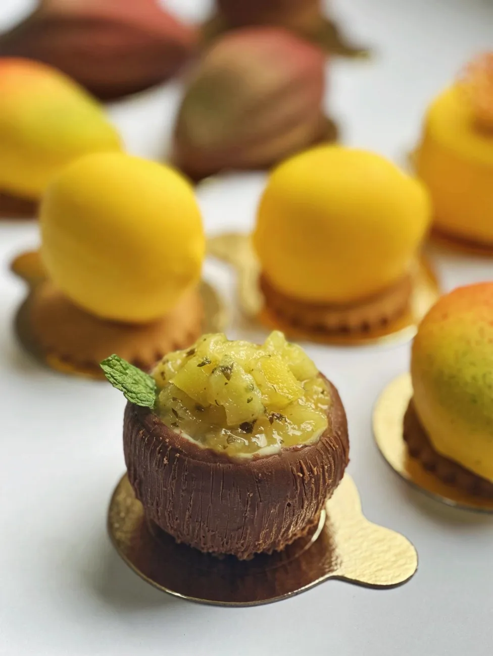 Conjunto de entremets de frutas com acabamentos variados
